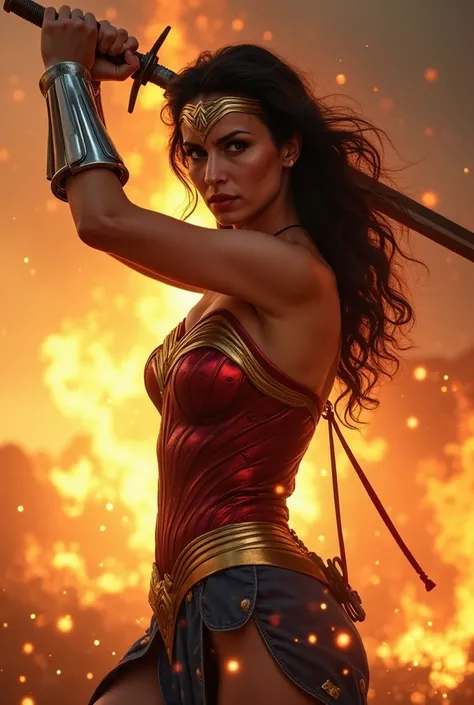  beautiful brunette woman with fire background , perfect head Wonder Woman, At sunset, swing up your sword,In fighting stance,shout, Protect yourself with a 