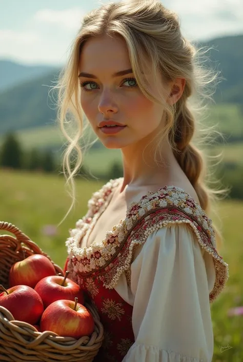 A beautiful Russian belle with blue eyes holding a basket of apples 