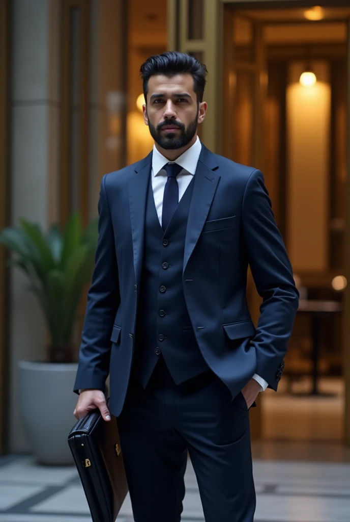 . An Arab lawyer wearing a dark blue formal suit, standing in front of a luxurious office building with a glass facade, carrying a black . الخلفية تحتوي على شعار مكتب محاماة مكتوب عليه 'مكتب المحامي مهند فؤاد العبيدي' بخط عربي أنيق، مع وجود ميزان عدالة ⚖️ على الباب. Dramatic lighting with gold accents, the design is realistic in 4K ."