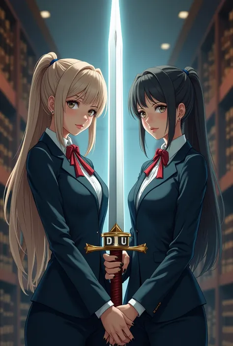 two well-dressed female lawyers with dress clothes, The two of them holding a Tandercats-style sword, in a law firm,  The Eyes of a Tendera style sword.  That sword must be tall pointing to the sky , An axis of light emitted and with the words DU.