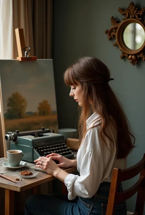  Long brown haired woman, fringe, Plastic artist, painter, In front of a canvas painting a work of art, vintage dark, With a cup of coffee, Typing on the typewriter,  And a vintage-style mirror hanging on the wall