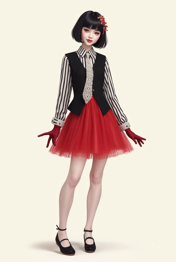 Professional illustrator and they generate a drawing of a mime wearing a black striped shirt, lace tie ,  black vest, short red tulle skirt,  ballet shoes, hair ornament, red gloves 