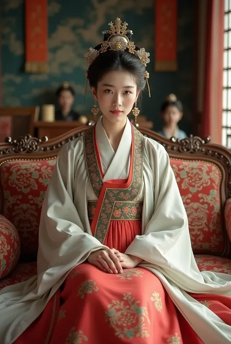 Realistic photo of a Korean woman wearing a Joseon royal hanbok sitting on a sofa 