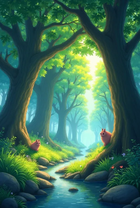 imagine prompt: Viral anime nature wallpaper in 4K quality, in the style of digital illustration inspired by Hayao Miyazaki, featuring a serene forest with towering ancient trees, dappled sunlight filtering through the leaves, a gentle stream flowing throu...