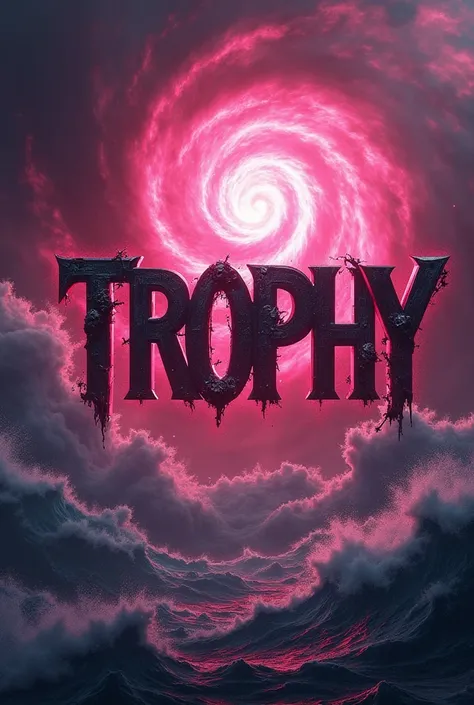  Guild logo with a prominent name “TROPHY”, with hurricanes and wind and realistic letters highlighted with a skull, using shades of PINK
