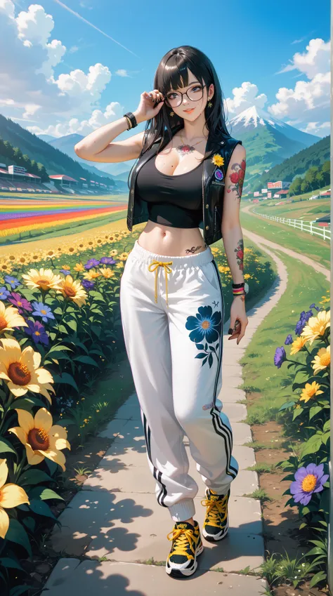 hyper-realistic，Colorful ，8k，Ultra Tall ， super high resolution，Top to bottom shot ，panoramic， full body photo， looking at the camera ， a woman， beauty， Sleeveless Loose Low Bust Vest and Low Waist Loose Sweatpants， Yellow Black Sneakers ， Exposed Navel ，雙...