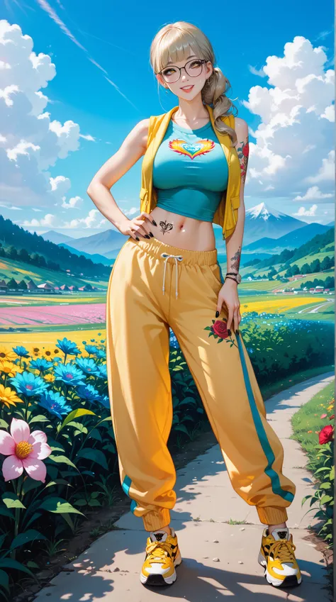 hyper-realistic，Colorful ，8k，Ultra Tall ， super high resolution，Top to bottom shot ，panoramic， full body photo， looking at the camera ， a woman， beauty， Sleeveless Loose Low Bust Vest and Low Waist Loose Sweatpants， Yellow Black Sneakers ， Exposed Navel ，雙...