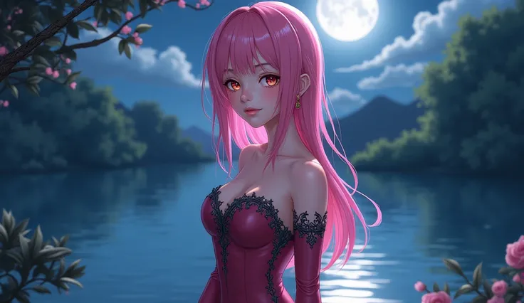 anime art style,  female character, pink long hair, right eye golden, left eye red, dark pink long sleeves tight dress with dark green decorations, cute face, erotic pose, night lake background