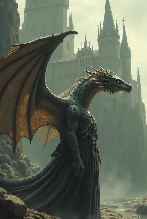 mother of dragons with face from photo provided, with wings, in front of a castle 