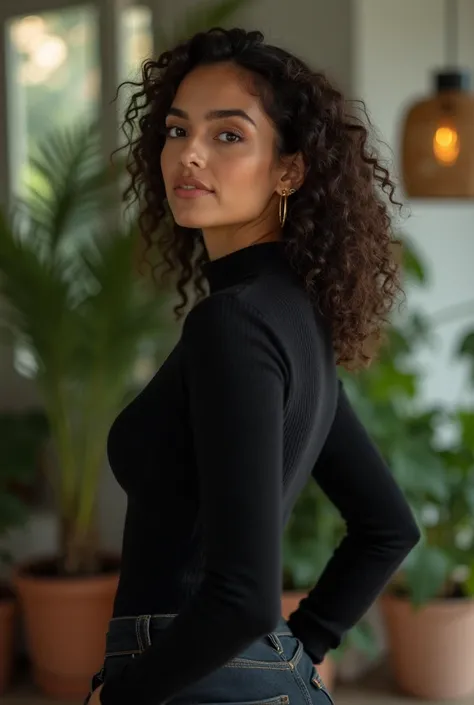  Generate a very realistic and natural photo of a beautiful woman with fair skin she is a 35-year-old black Brazilian, white light skin , 70 kg ,  well-designed details on the face  , Her hair is curly,  she's wearing perfect makeup with well-designed chee...