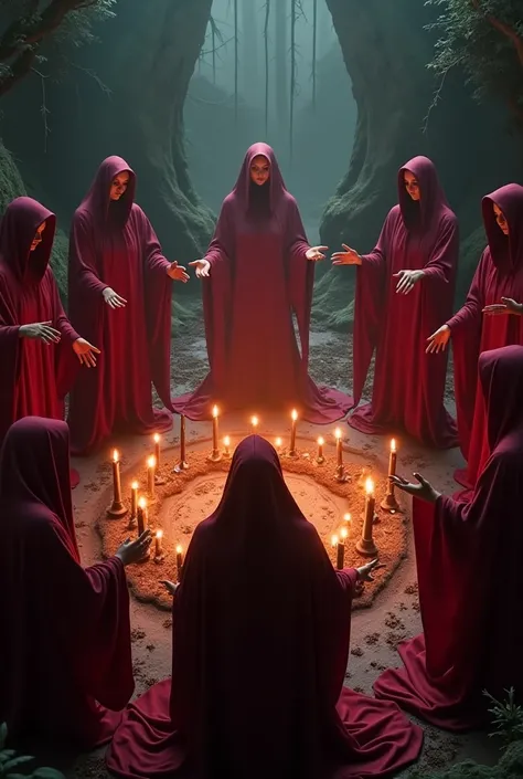 A coven of red hooded coven of witches performing a powerful summoning spell