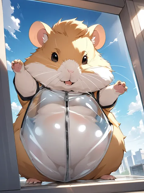 Personification , furry hamster woman , body on glass , unzip