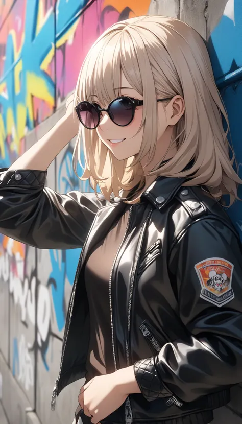 Commemorative photo of a girl , 1 person, JK,  gals,  LEATHER JACKET:1.2,  sunglasses,  looks up, smile,  mouth, ((concrete fence ,  wall with graffiti )),  Light and Shadow with Attention to Details, Soft focus,  Background Blur,  anime style,  anime pain...