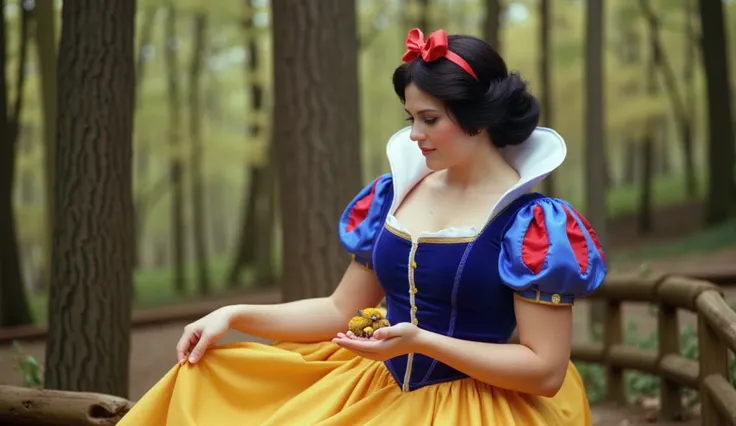 ( better quality, 128k,highres, masterpiece:1.2),ultra-detallada,(realistic,photorealistic,photo-realistic:1.37), (( masterpiece)) (( photography)) (( highest quality )) (( big breasts: 1.8)) A realistic Snow White leans gently forward,   Her delicate hand...