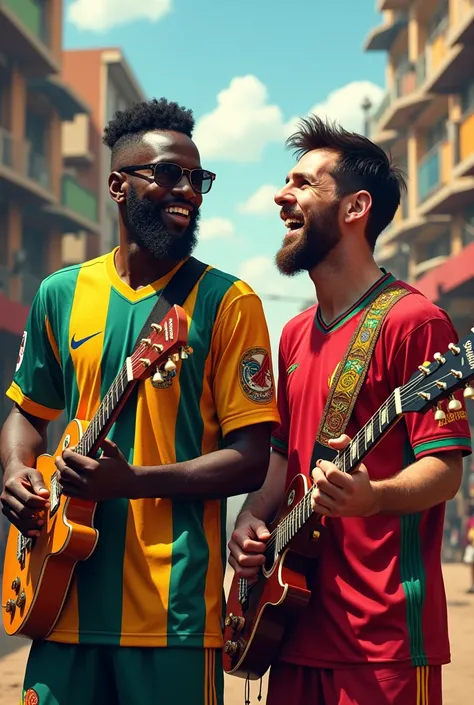 Fally Ipupa and Lionel Messi in Kinshasa dress up in the Democratic Republic of Congo soccer team jersey with guitars 