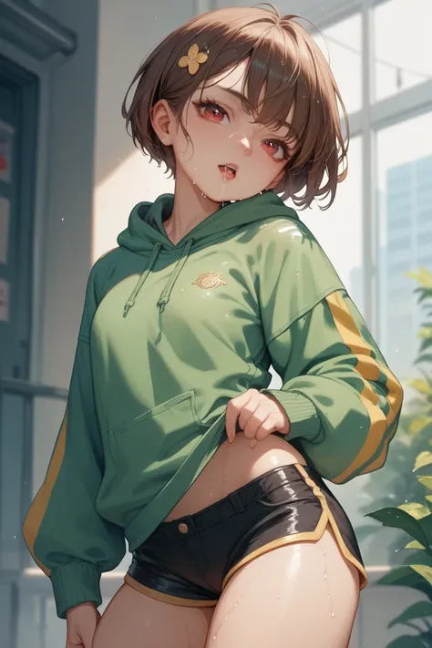 A   with short brown hair red eyes very short shorts very tight brown green sweatshirt with two yellow stripes with an intimate part marked on the clothes with the (Sweaty face and mouth salivating ),Lolicom
