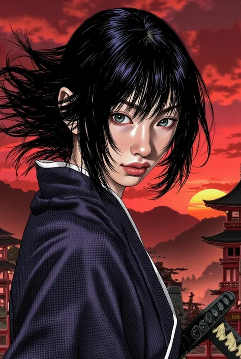 A beautiful young samurai woman with short black hair, a penetrating gaze, a youthful expression, and a slender, unique, threatening, and hunter-like appearance, (best quality,4k,8k,highres,masterpiece:1.2),ultra-detailed,(realistic,photorealistic,photo-re...