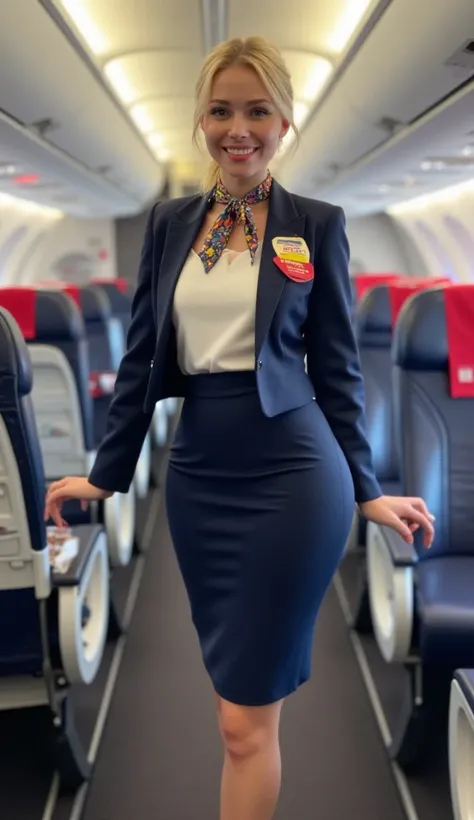  Creates a realistic image of a flight attendant beautiful in the interior of a modern airplane.  She wears an elegant and well-detailed uniform ,  that includes a white blouse with a subtle neckline , a navy blue jacket with a tight fit ,  and a matching ...