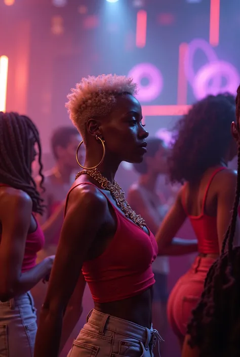 A stylish, confident woman with short platinum blonde hair, glowing melanin skin, dancing solo in a packed club. Her oversized gold hoop earrings reflect the flashing lights. Around her, a group of diverse women with voluminous curls, sleek ponytails, and ...