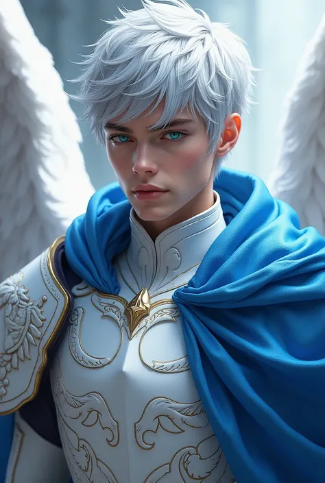  Young man with silver hair and electric blue eyes.  Wears white armor decorated with engraved wings , An azure cloak .  
