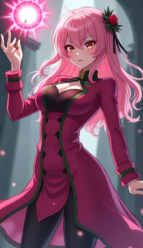 anime art style,  female character, pink long hair, right eye golden, left eye red, dark pink long sleeves tight dress with dark green decorations, erotic pose, casting a speel with a magic wand, aggresive expression, fantasy background