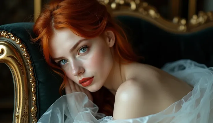 Ultra-high definition, hyper-realistic portrait of a young woman with pale, glowing skin, lying sensually on a black and gold rococo sofa. She is partially covered by a thin, almost translucent white veil that delicately drapes over her body, suggesting nu...