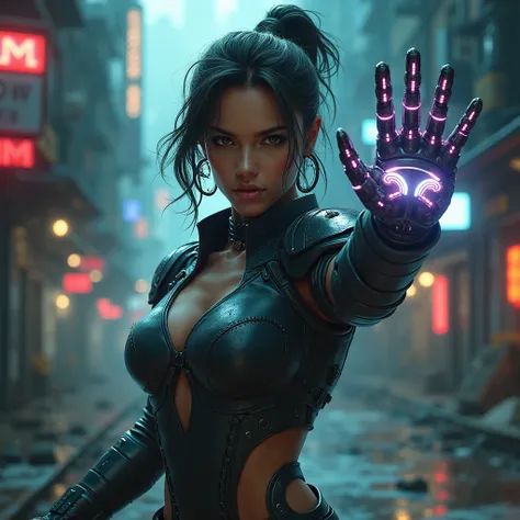 Warrior girl with a bionic hand,  Cyberpunk, fighting stance,  Determined look, aggression 