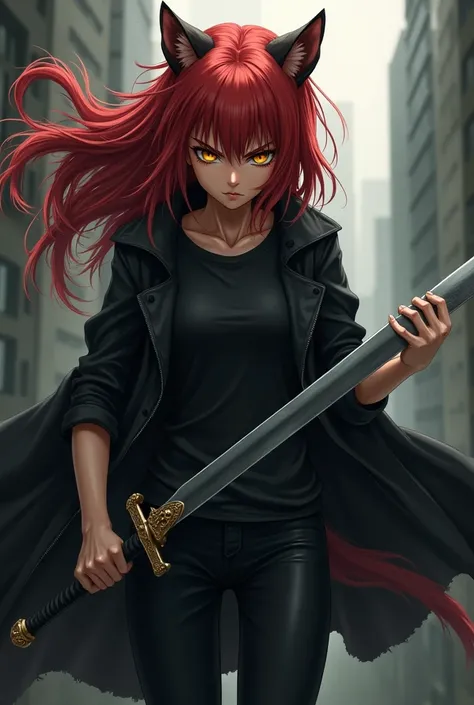  a werewolf girl anime,  fair skin ,  red hair,  golden eyes,  black overcoat ,  black t-shirt,  black pants ,  serious and furious expression, wielding a heavy sword.
