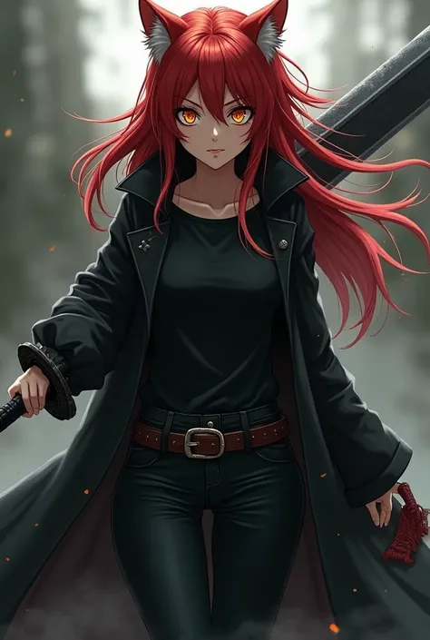  a werewolf girl anime,  fair skin ,  red hair,  golden eyes,  black overcoat ,  black t-shirt,  black pants ,  serious and furious expression, wielding a heavy sword.
