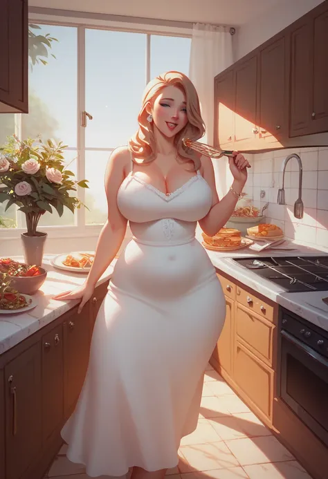 A housewife, temptation, She loves betrayal,in the kitchen, Vaery romantic. Weight 100 kg. Long white dress. Big breasts. Romantic,