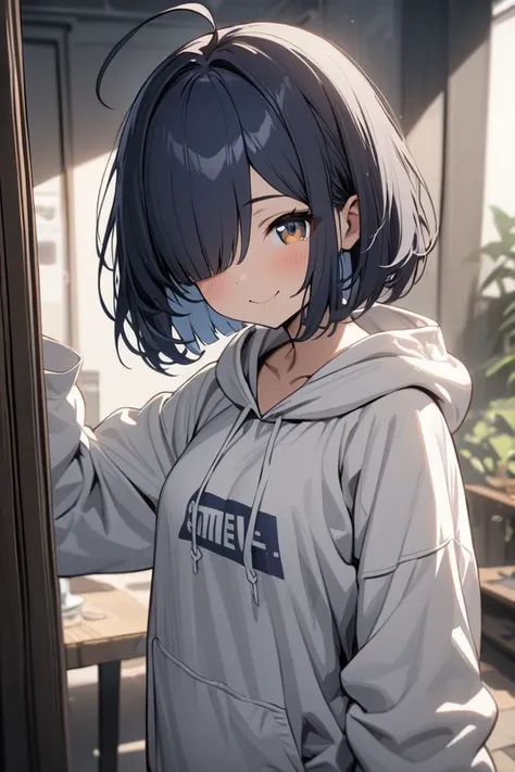 （masterpiece：1.2），Super detailed，solo girl, Hiding one eye, bob cut hairstyle, dark blue hair, ahoge, smile, white hoodie, tareme