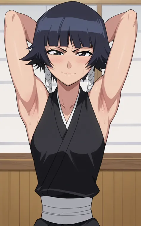 score_9, score_8_up, score_7_up, source_anime, anime screencap, 1girl, solo, soi fon, short hair, bangs, black hair, medium breasts, black kimono, sleeveless kimono, sleeveless, bare shoulders, bare arms, arms behind head, armpits, head towards viewer, sed...