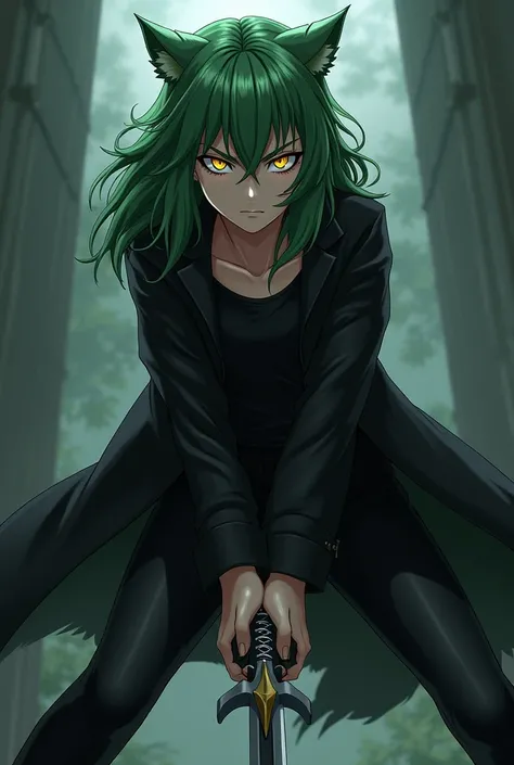  a werewolf girl anime,  fair skin ,  green hair,  golden eyes,  black overcoat ,  black t-shirt,  black pants ,  serious and furious expression, wielding a heavy sword.
