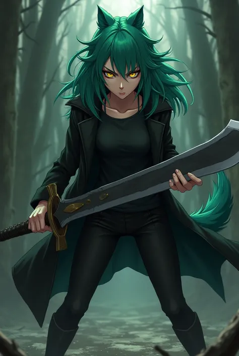  a werewolf girl anime,  fair skin ,  green hair,  golden eyes,  black overcoat ,  black t-shirt,  black pants ,  serious and furious expression, wielding a heavy sword.
