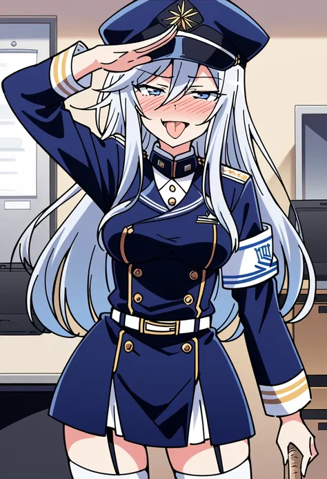 1girl, solo, large hair, long hair, grey hair, blue eyes, hair between eyes, messy bangs, medium breasts, blue clothes, military uniform, blue peaked military cap, white shirt, blue jacket, armband, long sleeves, white belt, double cross belt, blue skirt, ...