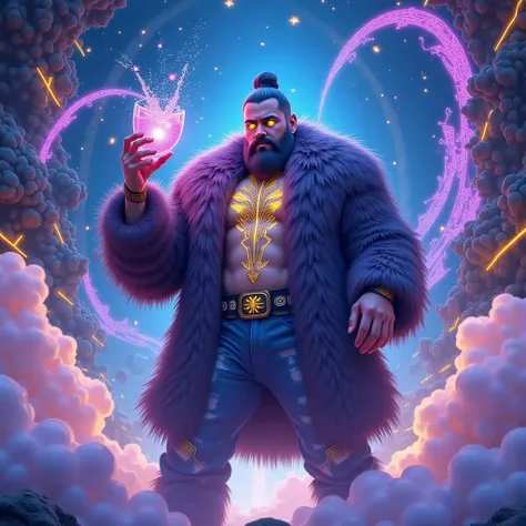 In a swirling vortex of iridescent patterns and neon accents, Ymir, a towering Nordic giant, stands amidst a kaleidoscope of color, his thick, bushy blue beard and glowing, yellow eyes radiating an ethereal aura. A PVC fur coat with a rugged, wild appearan...