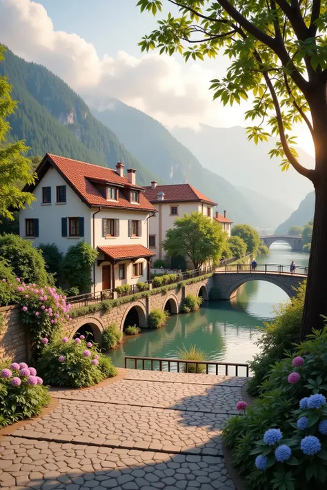 Small village on the river、Mountains in the background々、 colorful flowers々、 detailed landscape 、 beautiful natural scenery、Atmospheric lighting、 Sizzling Sunsets 、 Warm Hues、 realistic、 photorealistic、 detailed leaves 、Complex building、 cobblestone street、...