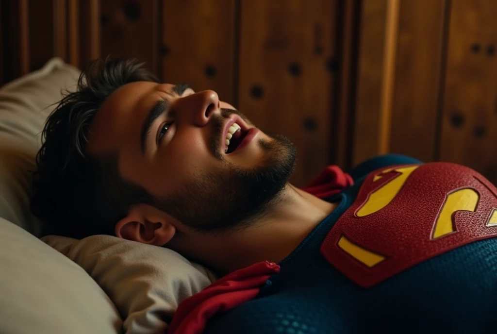 a attractive European Man, ericjanicki, Handsome, short brunette hair, 30 years old, beard, dressed as Superman in a wooden room, Superman suit, in lateral decubitus position, pained facial expression, almost unconscious, orgasm face, eyes closed