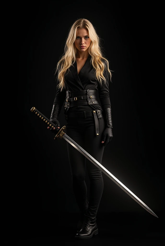 The female swordsman in lawyer's clothing 
Attack with a katana.  full length photo . On a black background add the initials D&U in gold,   high-contrast costume , cinematic side lighting.  Spectacular shortening ,   handmade crafts  ,  and a masterful sho...