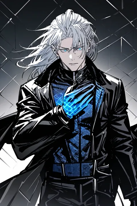 appearance:

Nero is a man of 1 . 78 m with an athletic but not muscular build .  His hair is white with bluish reflections ,  and his eyes are deep blue with a strange shine .  He always wears a black coat with a high collar , leather gloves and a dark bl...