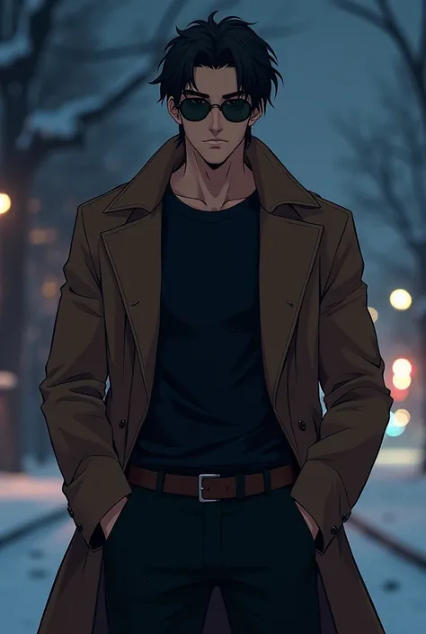  Create a mercenary,  mysterious anime-style male character for a Warzone YouTube channel aimed at young adults.  The character must exude confidence and skill while maintaining a cool air , collected attitude . He wears dark glasses,  overcoat brown ,  bl...