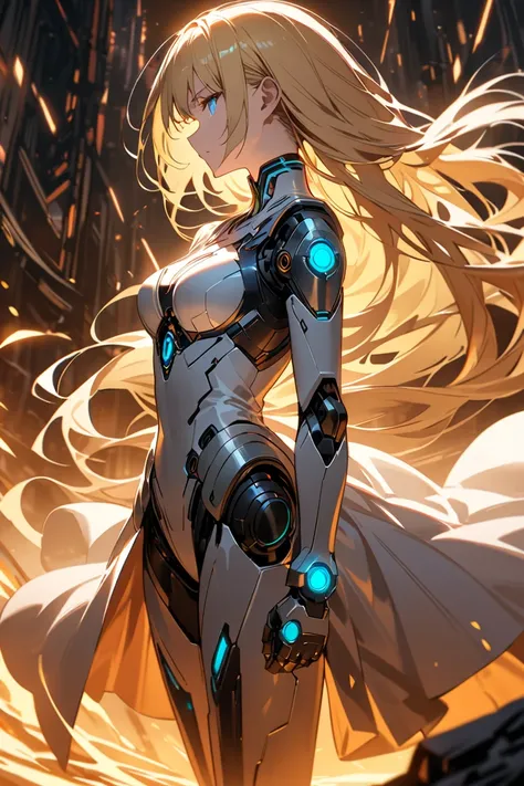 A dramatic, low-angle photograph of a solo Korean android woman standing in the midst of a science fiction battlefield. She has blue eyes, blonde hair, a slim build, medium breasts, and long flowing hair. Her robotic joints and circuits are visible, with a...