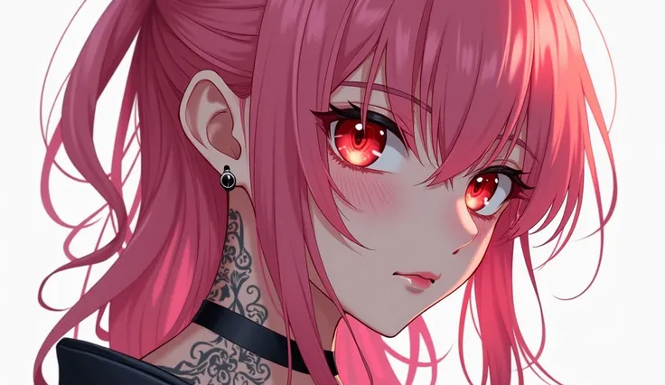 tattoo of a girl, anime style, half body, with pink hair, red eyes, sexy