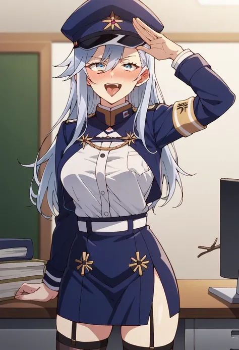 1girl, solo, large hair, long hair, grey hair, blue eyes, hair between eyes, messy bangs, medium breasts, blue clothes, military uniform of all in one, blue peaked military cap, white shirt, blue jacket, armband, long sleeves, white belt, double cross belt...