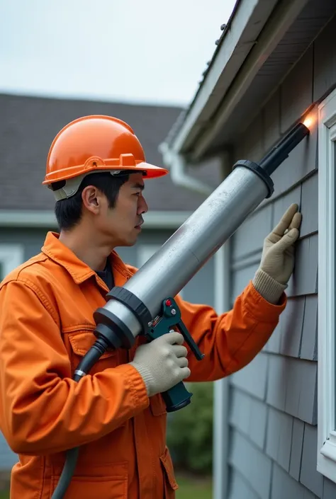 A Japanese mechanic with his right hand grips the barrel of the Caulking Gun  ( Gray Cylinder )  with his left hand propped below the muzzle, fired at the joints, on the gray roof, outside the house..  wearing an orange suit. .It's a real picture, 