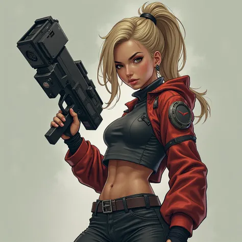 A warrior girl with a bionic robotic gun instead of one hand,  Cyberpunk, fighting stance,  Determined look, aggression,  hand turns into a laser gun, visible in full growth, the bionic hand is a very large , 