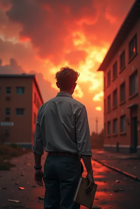 Teacher with notebook in hand who sees the end of the world when he leaves school 