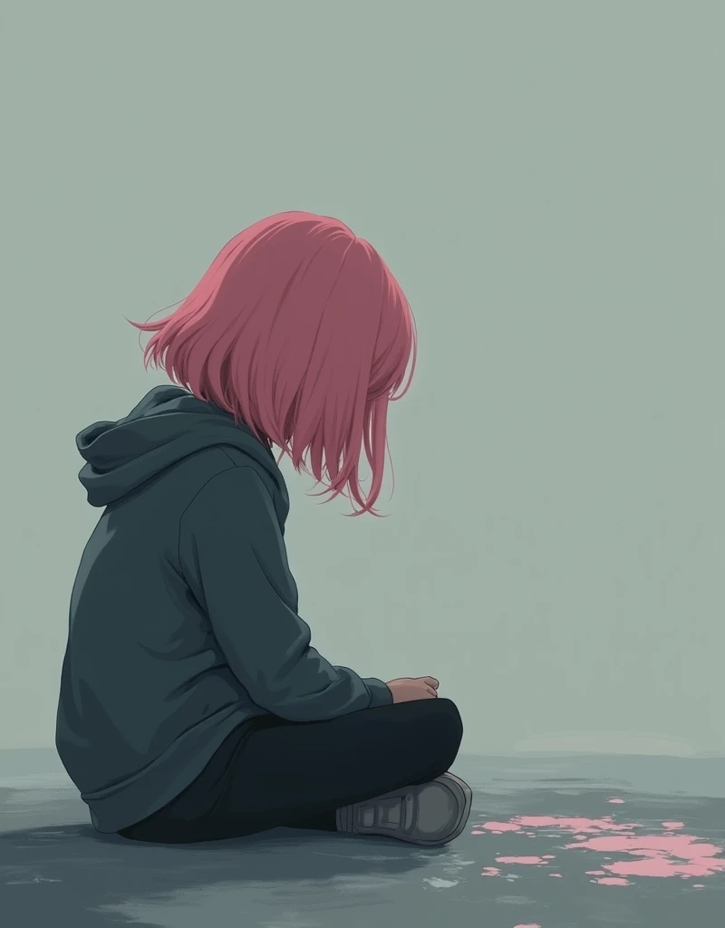  silhouette of a girl seen from the side ,  the only color in the image has to be her medium pink hair . Everything else in shades of gray ,   she must be sitting on the floor painting with her fingers on a gray background,   must have a depressing and glo...