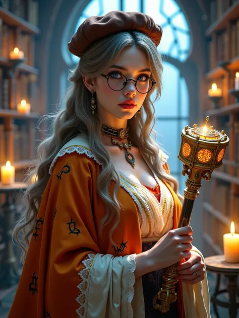 A highly detailed full body portrait of a Scholar character from Black Desert Online. The character is a sophisticated, European, gothic-inspired scholar with a mysterious and intellectual aura. She has pale skin, piercing violet eyes, and long, silky ligh...