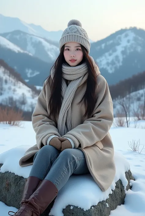 Realistic photo facing the camera A  Korean girl with long hair wearing winter clothes complete with a scarf and hat sitting on a rock on a snowy hill 